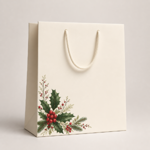 Shopper natalizia con grafica agrifoglio e bacche, coprenza 25%