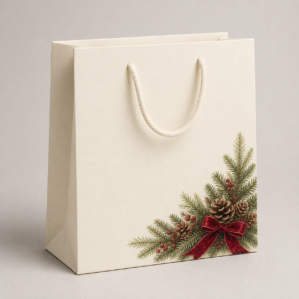 Shopper natalizia con grafica pino, pigne e fiocco, coprenza 25%