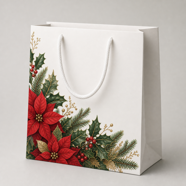 Shopper natalizia bianca con stelle di Natale, agrifoglio e bacche, coprenza 50%