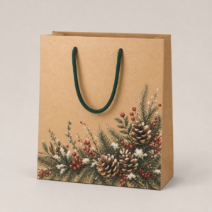 Shopper natalizia avana con pino, pigne e bacche, coprenza 50%