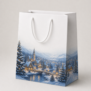 Shopper natalizia bianca con villaggio innevato, coprenza 50%