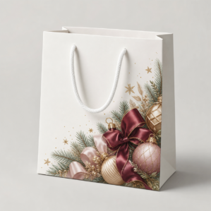 Shopper natalizia bianca con palline, fiocchi e rami di pino, coprenza 50%